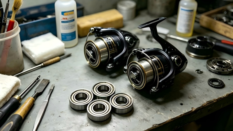 .Black and gold spinning fishing reel with white fishing line, studio shot.jpg