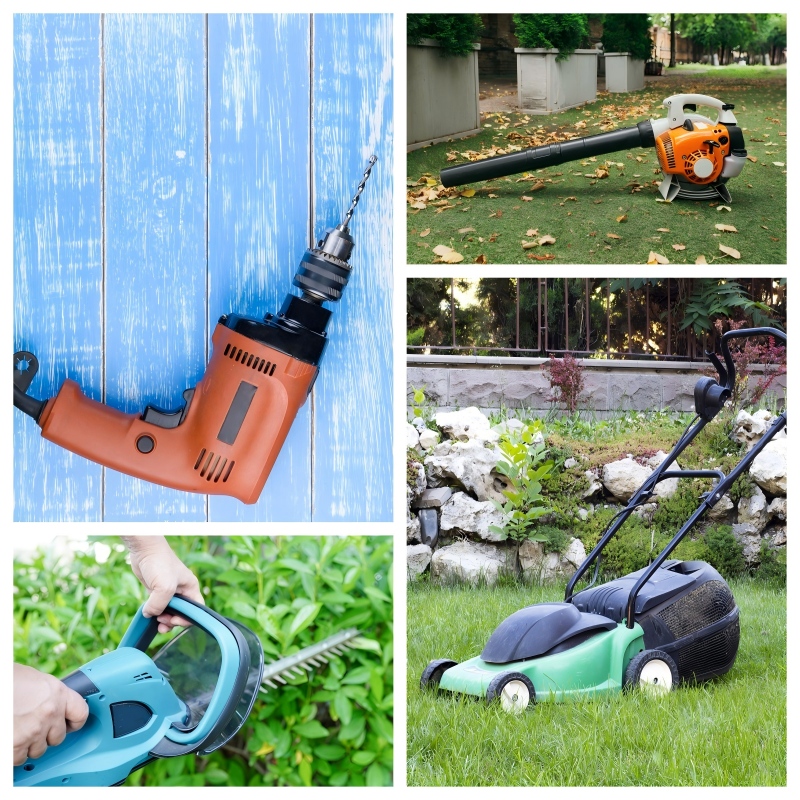 Applications of miniature bearings in various power tools including electric drills, leaf blowers, hedge trimmers, and lawn mowers..jpg