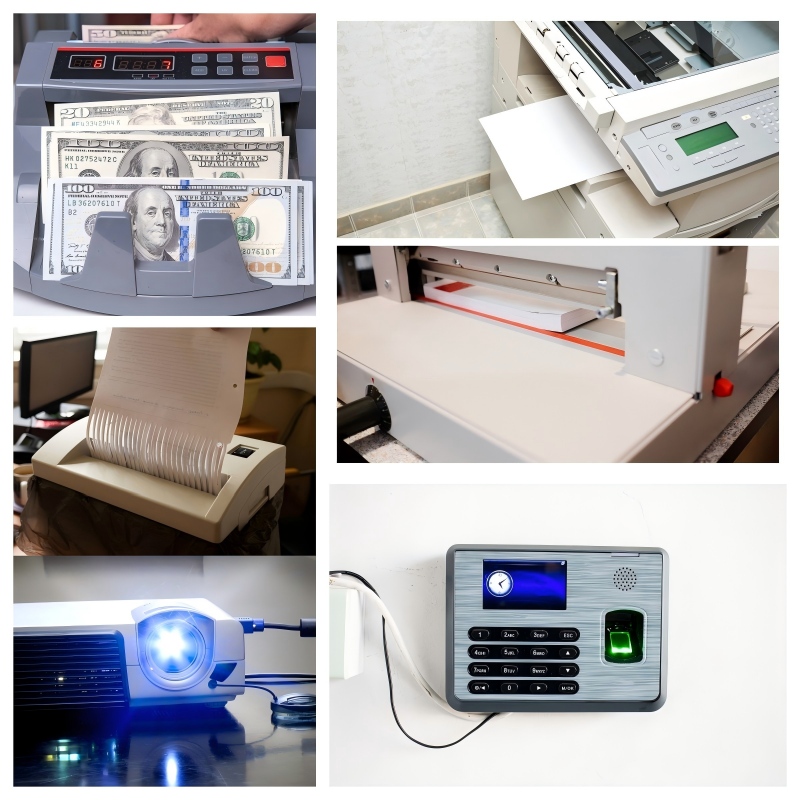 Office automation equipment featuring precision bearings for smooth operation, including printers, projectors, document organizers, and time-attendance devices.jpg