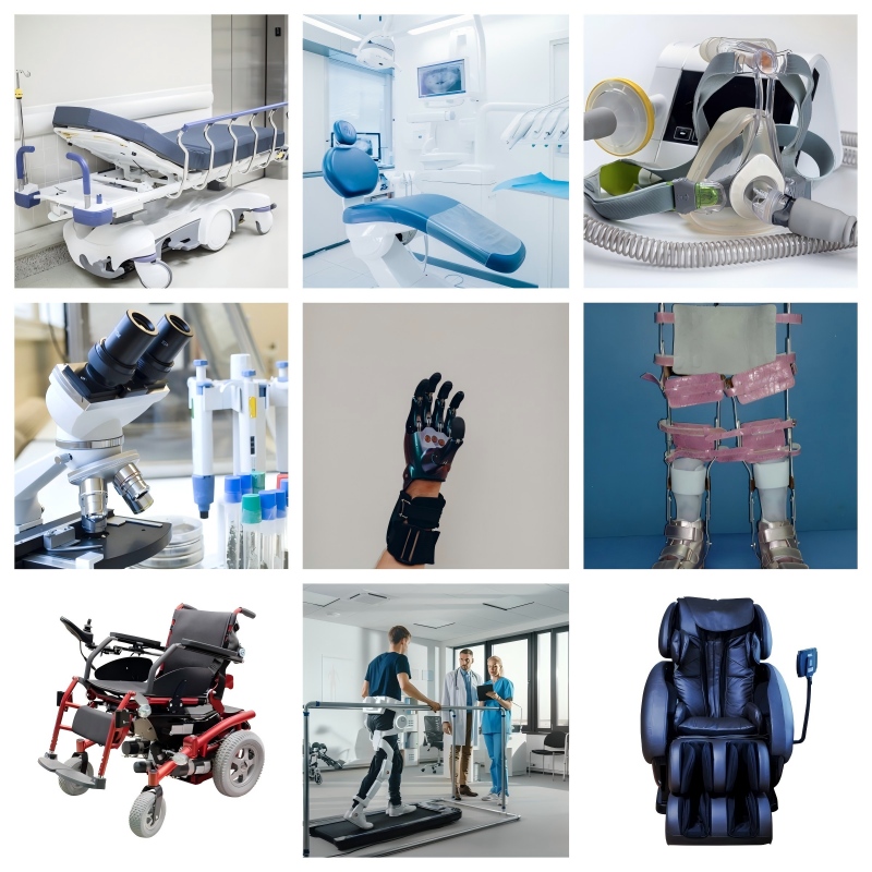 &nbsp;Medical and rehabilitation equipment collage featuring ventilators, dental chairs, wheelchairs, robotic hands, and orthotic braces, all powered by high-precision 1mm-15mm miniature bearings..jpg